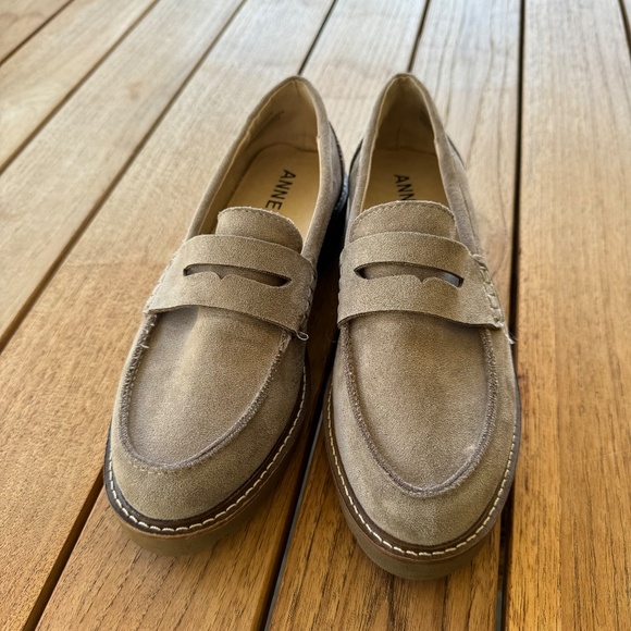 Taupe Suede Anne Klein Everly Penny Loafers - Picture 1 of 9